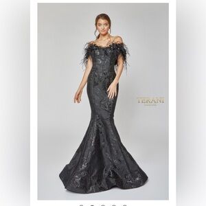 Terani Couture Black Gown with Feather Details